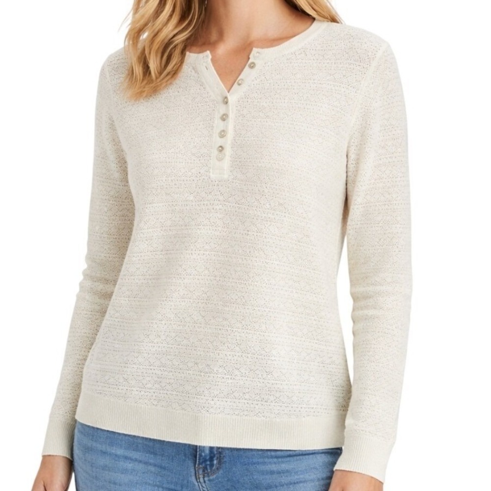 Joie Womens Cream Pointelle Knit Henley Sweater Long Sleeve Wool Blend Size M